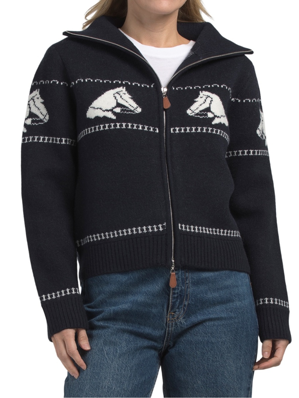 House of Harlow Black Horse-Pattern Zip Front Women's Sweater